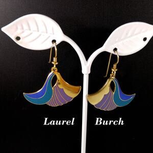 Laurel Burch "Egyptian Flower" Dangle Earrings, Gold Plated, Enamel Teal Purple